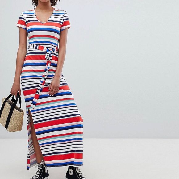 New Look Striped V Neck T Shirt Maxi Dress - Picture 1 of 4